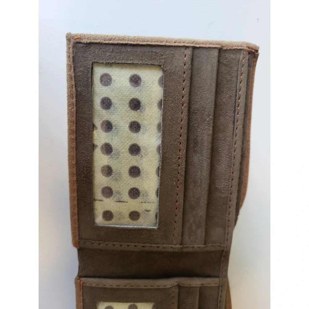 Tan Brown Suede Leather Bifold Wallet Mens Two ID Windows Slim‎ Card Holder